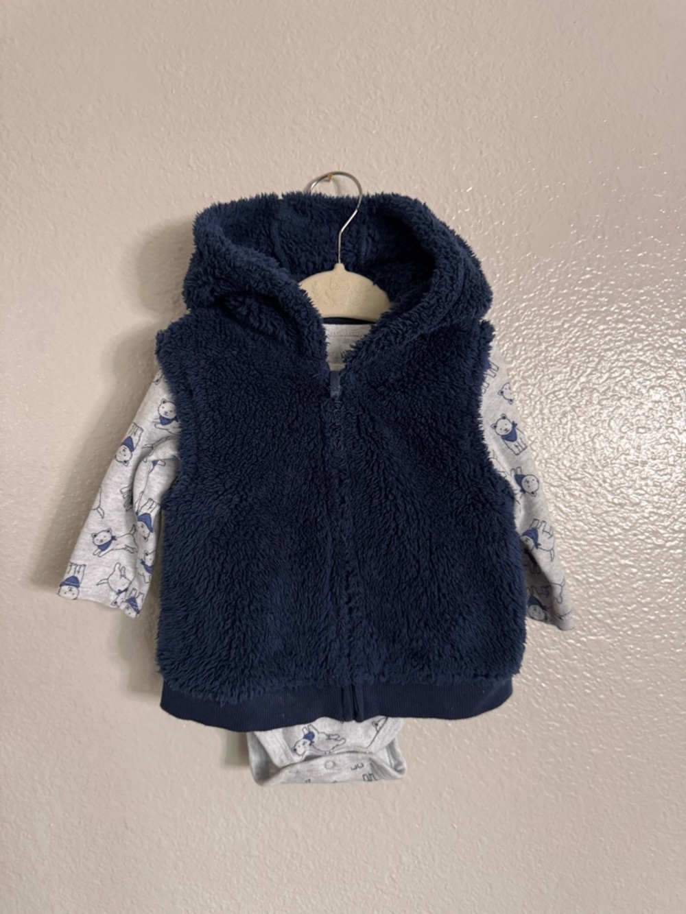 Little Me Gray Long Sleeve Bodysuit with Navy Print
